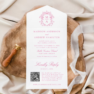 Invitation Tout En Un Élégant Monogramme de Mariage à Crête Rose Chinois