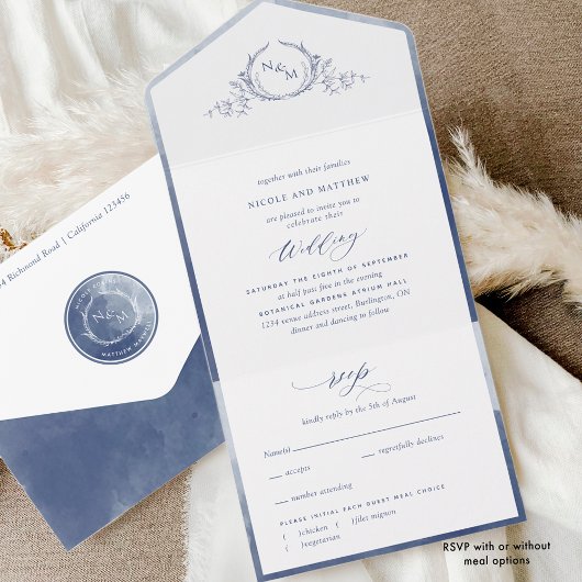Invitation Tout En Un Élégant Monogramme et Mariage bleu marine
