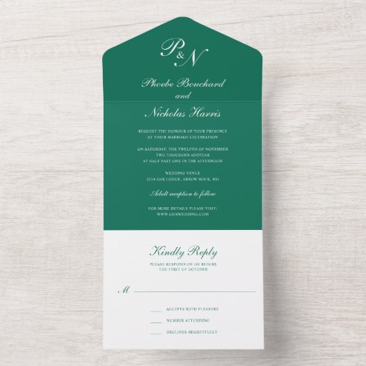 Invitation Tout En Un Élégant Monogramme Formal Emerald Green Mariage (À l'intérieur)