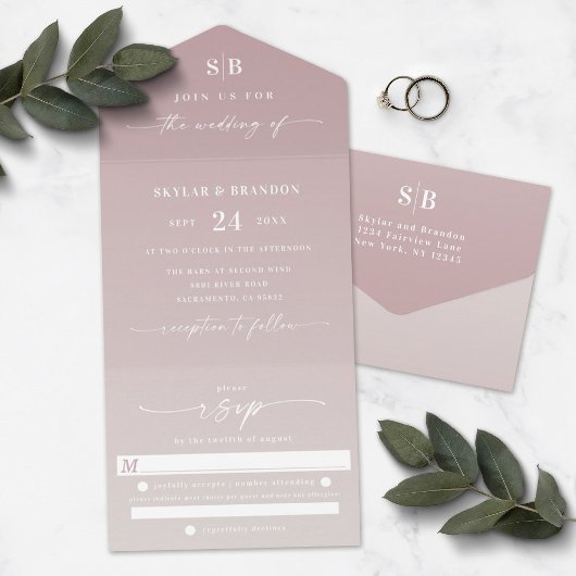 Invitation Tout En Un Elégant Monogramme Ombre Dusty Mauve & Mariage ivo
