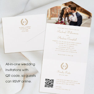 Invitation Tout En Un Élégant Monogramme photo QR Gold Mariage blanc