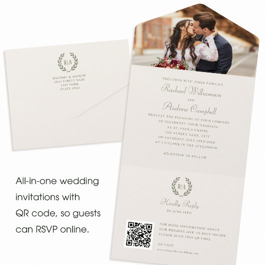 Invitation Tout En Un Élégant Monogramme photo QR Green Cream Mariage