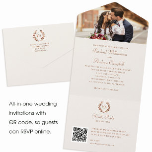 Invitation Tout En Un Élégant Monogramme QR Code Burnt Orange Mariage