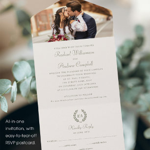 Invitation Tout En Un Élégant Monogramme Sage Mariage vert