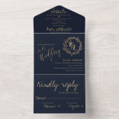 Invitation Tout En Un Élégant Monogramme Script Marine Mariage de couron (À l'intérieur)