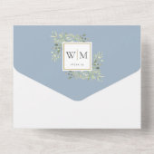 Invitation Tout En Un Élégant Monogramme Verdure Dusty Blue Mariage (Verso)