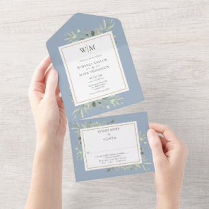 Invitation Tout En Un Élégant Monogramme Verdure Dusty Blue Mariage
