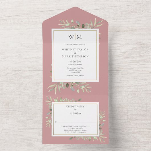 Invitation Tout En Un Élégant Monogramme Verdure Dusty Rose Mariage (À l'intérieur)