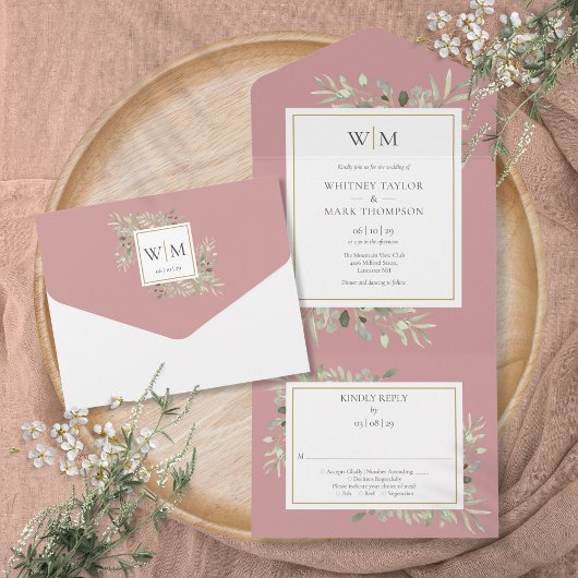Invitation Tout En Un Élégant Monogramme Verdure Dusty Rose Mariage