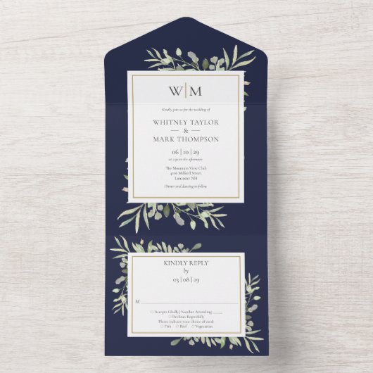 Invitation Tout En Un Élégant Monogramme Vert Mariage bleu marine (À l'intérieur)