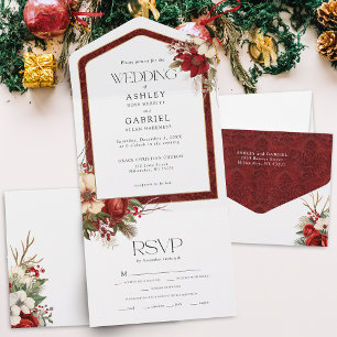Invitation Tout En Un Élégant Noël Rouge Damas Floral