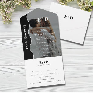 Invitation Tout En Un Élégant noir et blanc côté vague RSVP Mariage phot