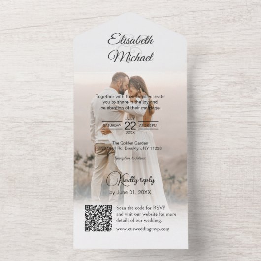 Invitation Tout En Un Élégant noir et blanc QR Code Mariage photo (À l'intérieur)