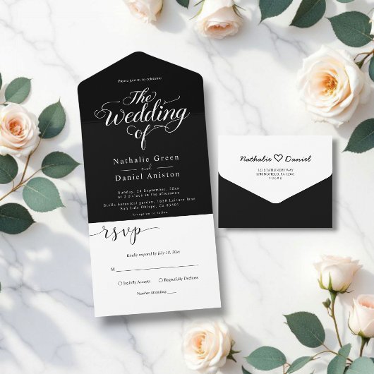 Invitation Tout En Un Élégant noir et blanc Script Mariage simple