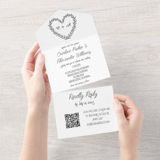 Invitation Tout En Un Élégant noir Script moderne unique RSVP QR Code (Déchirure)