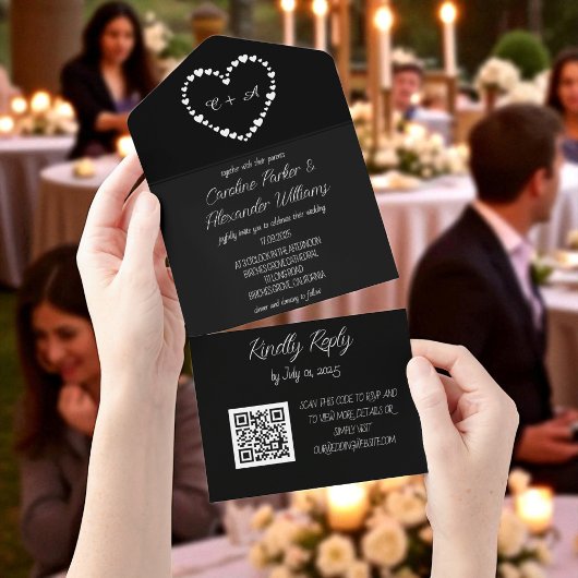 Invitation Tout En Un Élégant noir Script moderne unique RSVP QR Code