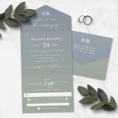 Invitation Tout En Un Élégant Ombre Monogram Dusty Blue & Green Mariage