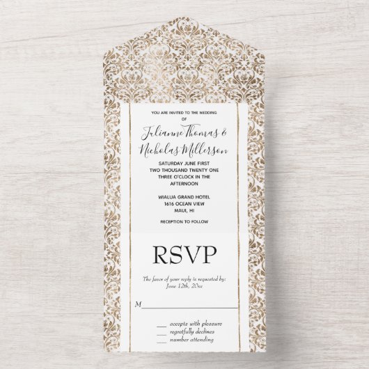 Invitation Tout En Un Elégant or blanc Chic Damask (À l'intérieur)