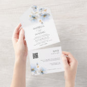 Invitation Tout En Un Élégant or bleu Fleur sauvage de fleurs QR Mariage (Déchirure)