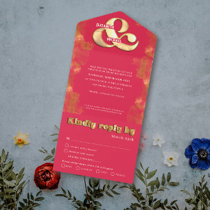 Invitation Tout En Un Élégant or et rose magenta RSVP mariage