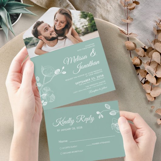 Invitation Tout En Un Élégant orchidées menthe vert mariage