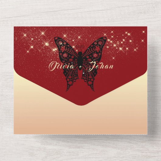 Invitation tout-en-un élégant papillon rouge (Verso)