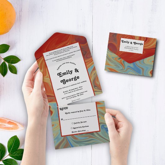 Invitation Tout En Un Elégant Pastel Rouge Bleu Abstrait Mariage artisti