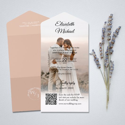 Invitation Tout En Un Elegant Peach QR Code Mariage photo