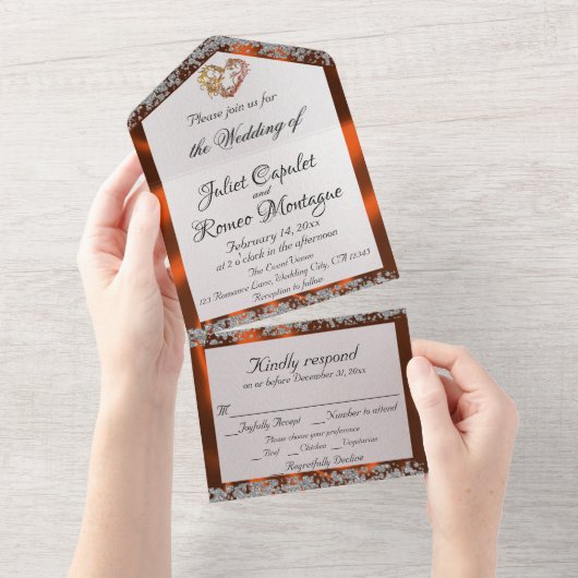 Invitation Tout En Un Elegant Pearl, Copper Ribbon & Glitter Borders (Déchirure)