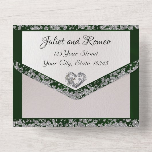 Invitation Tout En Un Elegant Pearl, Emerald Ribbon & Parties scintillan (Verso)