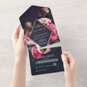 Invitation Tout En Un Elégant Peonies Gold Frame Mariage moderne (Déchirure)