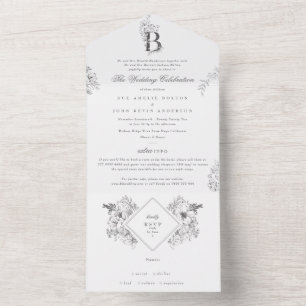 Invitation Tout En Un Élégant Personnalisé Monogramme Floral Bio Botaniq