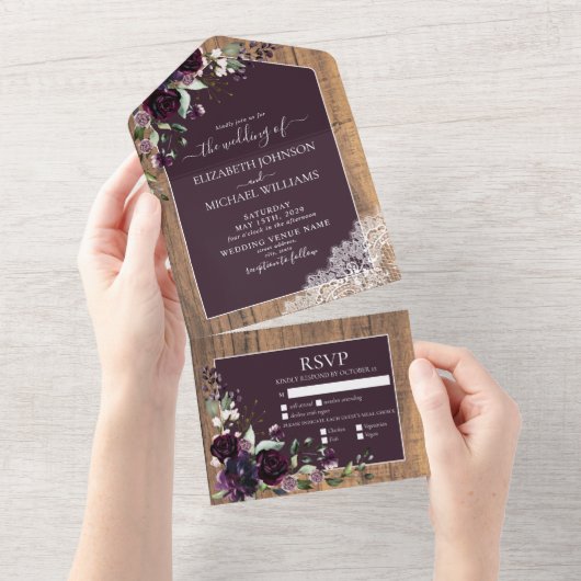Invitation Tout En Un Élégant Plum violet Rustique Mariage de dentelle e (Déchirure)
