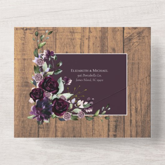 Invitation Tout En Un Élégant Plum violet Rustique Mariage de dentelle e (Verso)