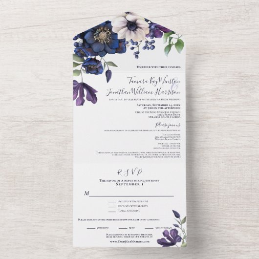 Invitation Tout En Un Élégant Robe de Mariage Fleurie Bleu Marine Violet (À l'intérieur)