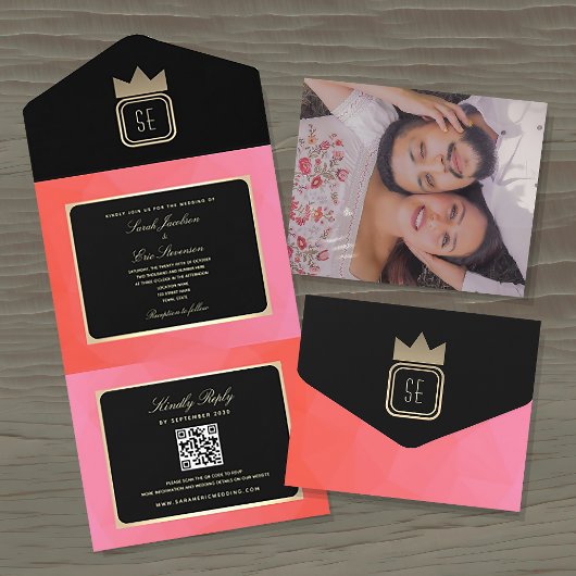 Invitation Tout En Un Elégant Rose Black Gold Monogramme de mariage Invi