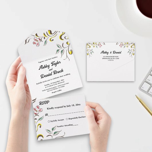 Invitation Tout En Un Elégant Rose de verdure simple Boho Mariage fleuri