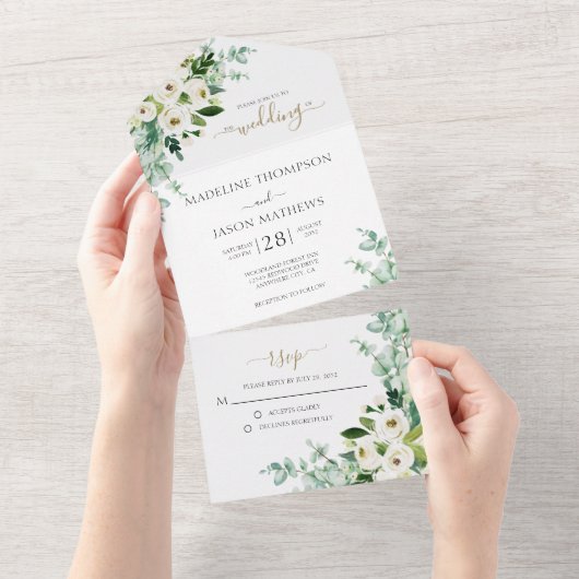 Invitation Tout En Un Élégant Rose d'or blanc floral Mariage d'aquarelle (Déchirure)