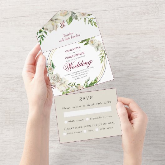 Invitation Tout En Un Élégant Rose d'or Champagne de Bourgogne Mariage (Déchirure)