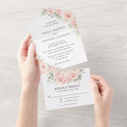 Invitation Tout En Un Élégant Rose doux Flush Mariage de verdure (Déchirure)