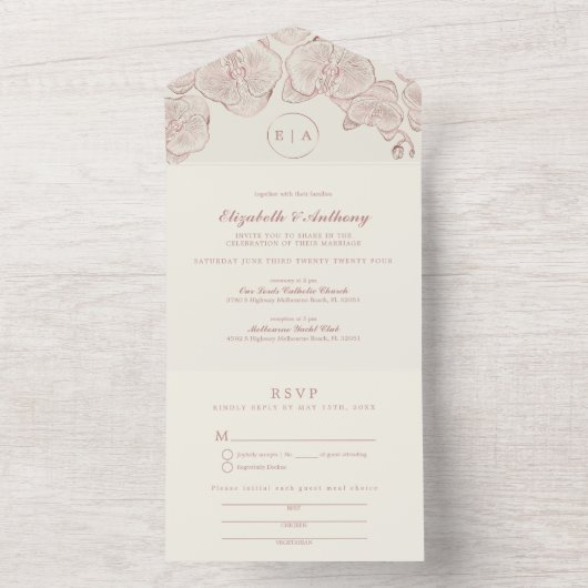 Invitation Tout En Un Élégant Rose Dusty Orchid Monogram Mariage photo (À l'intérieur)