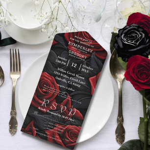 Invitation Tout En Un Élégant Rose floral rouge foncé sur noir E-mail