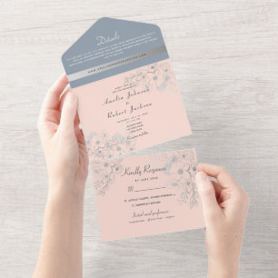 Invitation Tout En Un Élégant rose pâle et bleu foncé Mariage