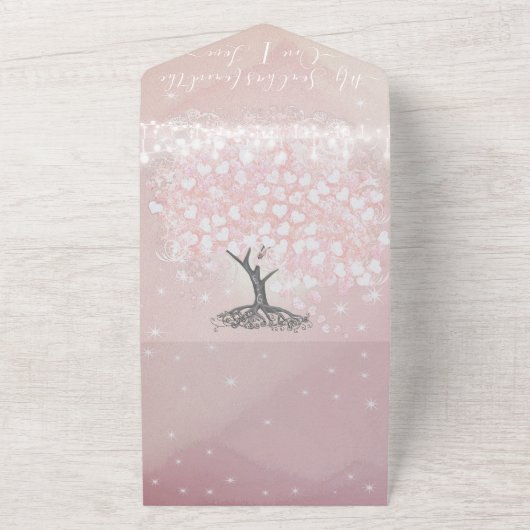 Invitation Tout En Un Élégant Rose Pink Heart Leaf Tree Mariage (Dehors)