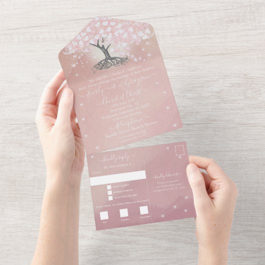 Invitation Tout En Un Élégant Rose Pink Heart Leaf Tree Mariage (Déchirure)