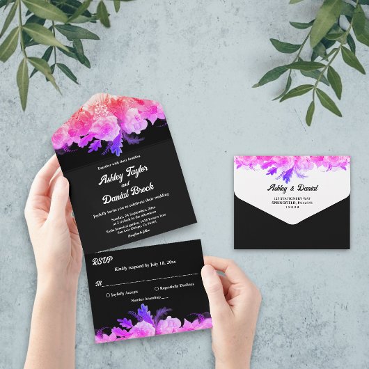 Invitation Tout En Un Élégant Rose romantique brillant Neon Mariage flor