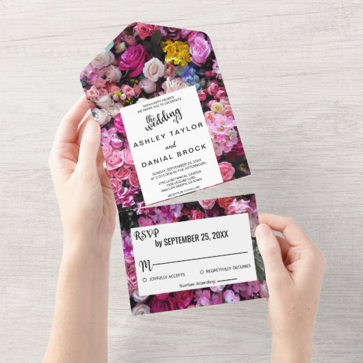 Invitation Tout En Un Élégant rose Roses Fleurs Mariage Floral été (Déchirure)