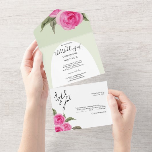 Invitation Tout En Un Elégant Roses d'aquarelle rose romantique (Déchirure)