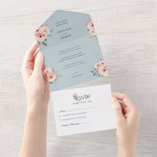 Invitation Tout En Un Elegant Roses Editable Blue Wedding (Déchirure)