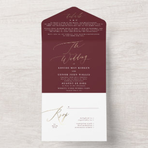 Invitation Tout En Un Élégant Rouge foncé Plum Bourgogne Or Le Mariage